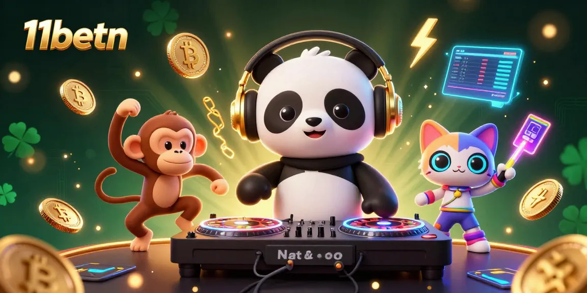 11betn features a DJ panda and dancing monkey in a vibrant casino scene, enhancing the gaming experience.