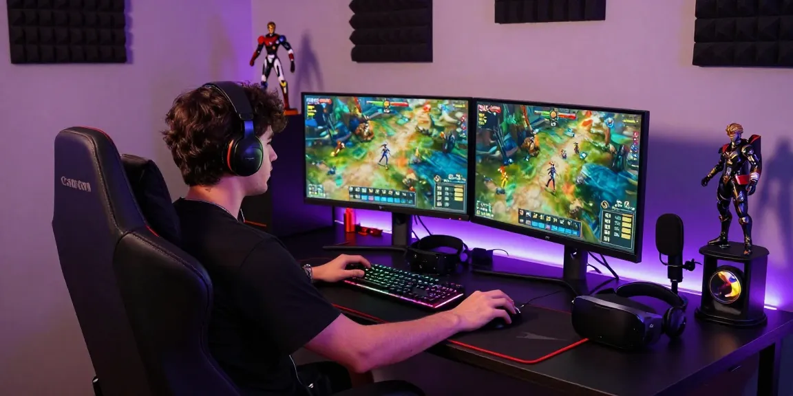 Dynamic gaming setup highlighting a professional gamer focused on dual monitors with immersive game graphics, representing safe 토토사이트 choices.