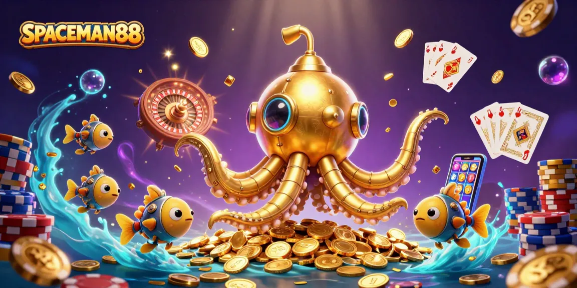 Engage with SPACEMAN88 as the 3D kraken submarine emerges amid gold coins and slot reels, illustrating an exciting gaming scene.
