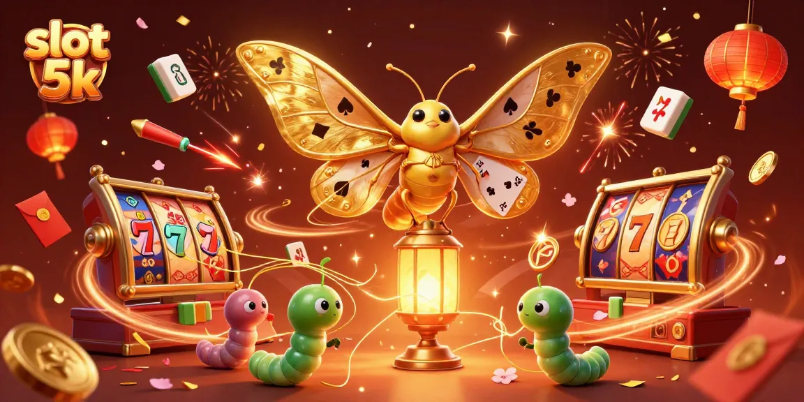 Win big with slot 5k in this vibrant 3D casino illustration showcasing a magnificent atlas moth and festive elements.