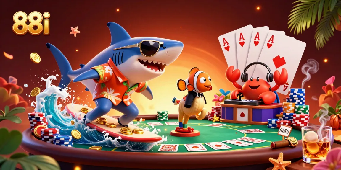 Experience the vibrant world of 88i with a dynamic scene of gaming excitement featuring characters amidst poker elements.